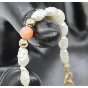 14K GOLD, Angel Skin pink coral beads, genuine white rice pearls bracelet 7" EUC